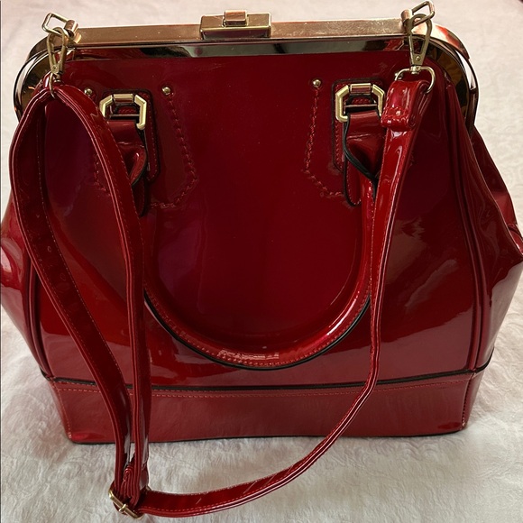 Satchel Purse Elegant Red Patent Leather Handbag Large - Picture 3 of 12